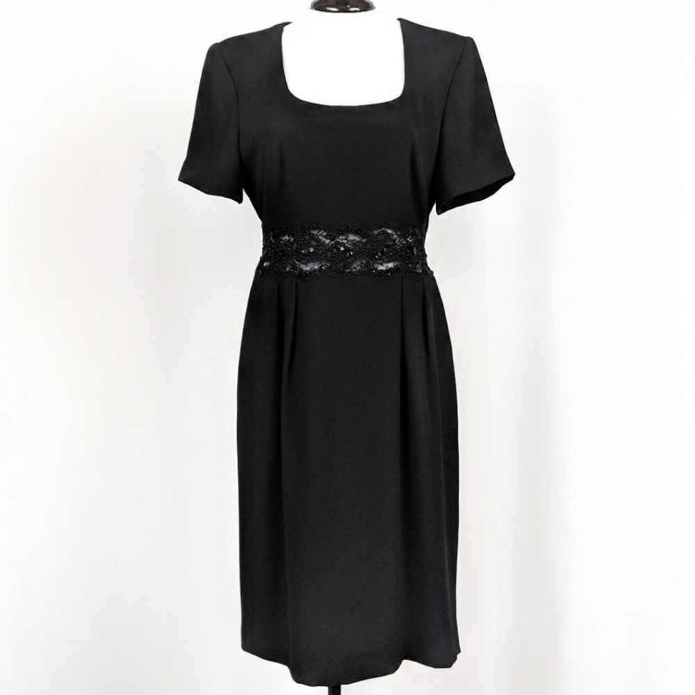 Donna Morgan Sequinned Dress Lace Cut Out Waist Short Sleeve Square Neck Black 6